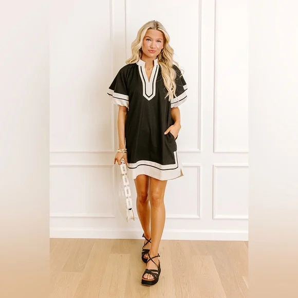 NWT Entro Linen Blend Puff Sleeve Border Dress - Picture 7 of 11